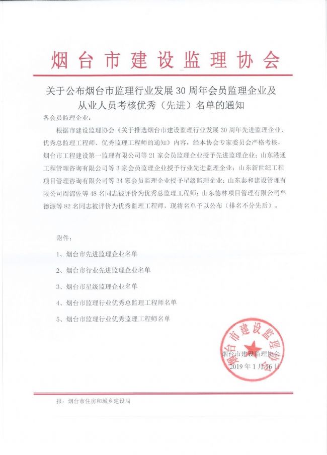 煙臺市監理行業優秀總監理工程師 煙臺市監理行業優秀總監理工程師
